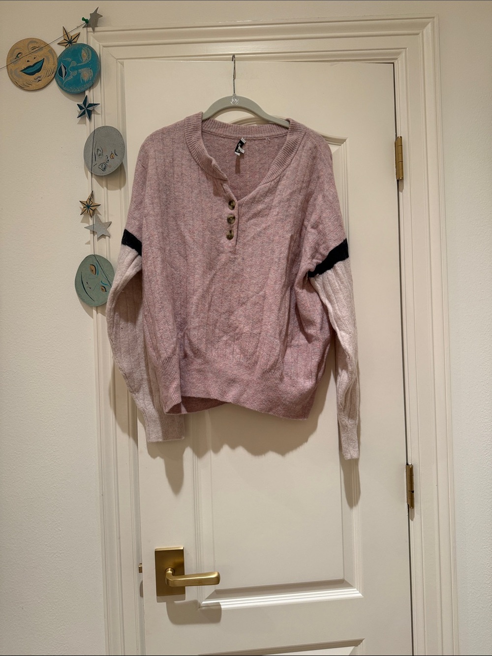 Women’s Madewell Pink Henley Sweater with Contrast Stripe